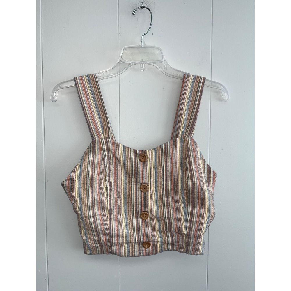 Paper Crane Striped Faux Button Front Cropped Top Size Medium